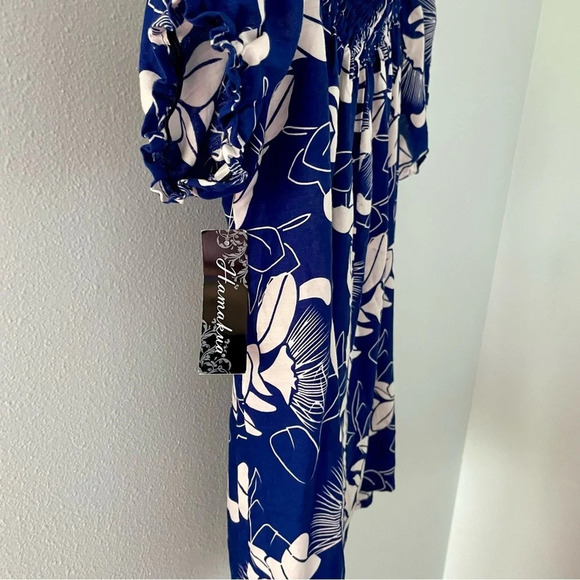 Hamakua tropical Hawaiian floral blue MUMU SMOCK TOP size small NWT - Picture 4 of 7